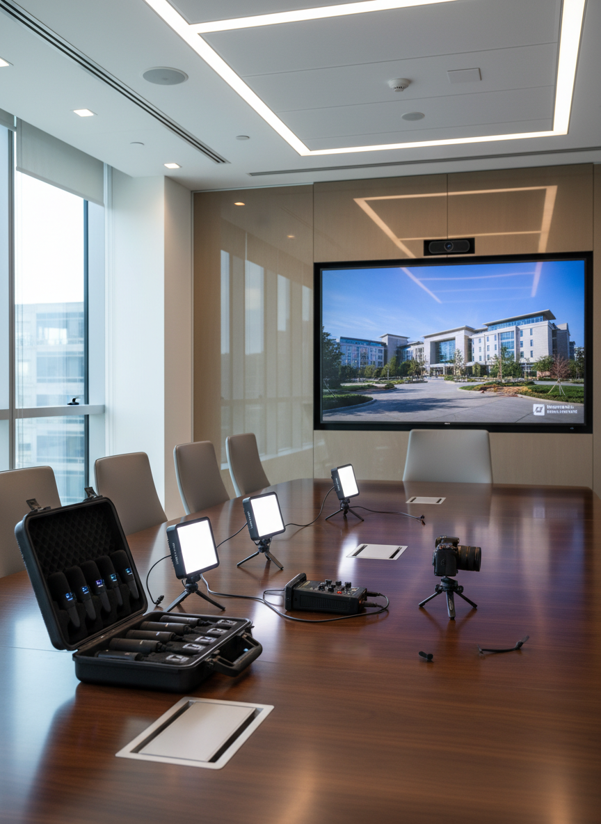 A polished corporate boardroom prepared for a video shoot, with a large conference table displaying an array of audiovisual gear: wireless microphones in a charging case, compact LED light panels, a portable audio recorder, and a small 4K camera on a tabletop tripod. In the background, a large screen shows a paused frame of a sleek institutional video. Natural daylight streams through tall glass windows, mixed with soft overhead lighting, producing a bright yet controlled atmosphere. Photographic realism, framed using the rule of thirds at eye level, emphasizes organization, reliability, and the capacity to transform corporate spaces into professional audiovisual sets.
