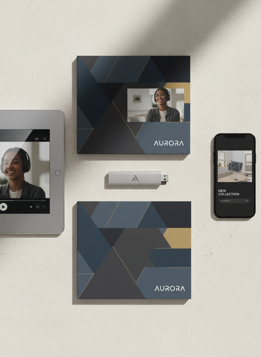 A collection of branded audiovisual deliverables arranged on a neutral, textured surface: a slim USB drive with a discreet logo, printed DVD cases with clean, modern cover designs, a tablet displaying a paused commercial, and a smartphone showing a social media video preview. Subtle reflections play on glossy screens while matte paper and plastic textures provide contrast. Soft, diffused daylight from the left casts delicate shadows and highlights details without harshness. Photographic realism, captured from a top-down, flat-lay perspective with balanced composition, evokes a polished, cohesive visual identity that reinforces how audiovisual materials unify a brand’s image across multiple platforms.