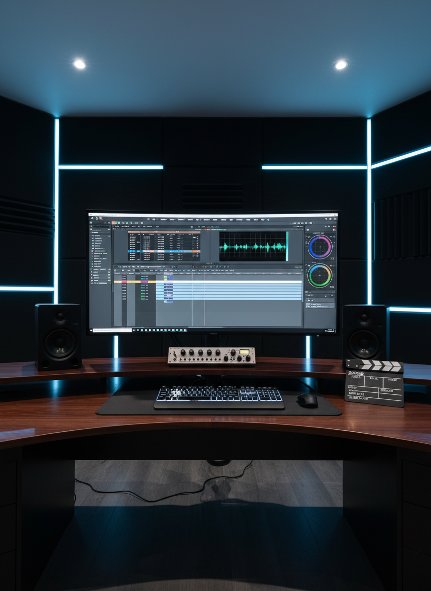 An elegant editing workstation featuring a wide, ultra-realistic 4K monitor displaying a vibrant video timeline with color grading scopes and waveform monitors. A slim, backlit keyboard and professional audio interface sit on a smooth dark-wood desk, beside studio monitor speakers and a small slate clapperboard. The room is a modern, organized post-production suite with acoustic foam panels and LED accent strips along the wall. Cool, balanced lighting from the monitor and subtle ceiling spots create a focused, technical mood. Photographic realism, shot from a slightly elevated angle with sharp focus throughout, communicates meticulous craftsmanship and attention to detail in audiovisual post-production for commercial and corporate clients.