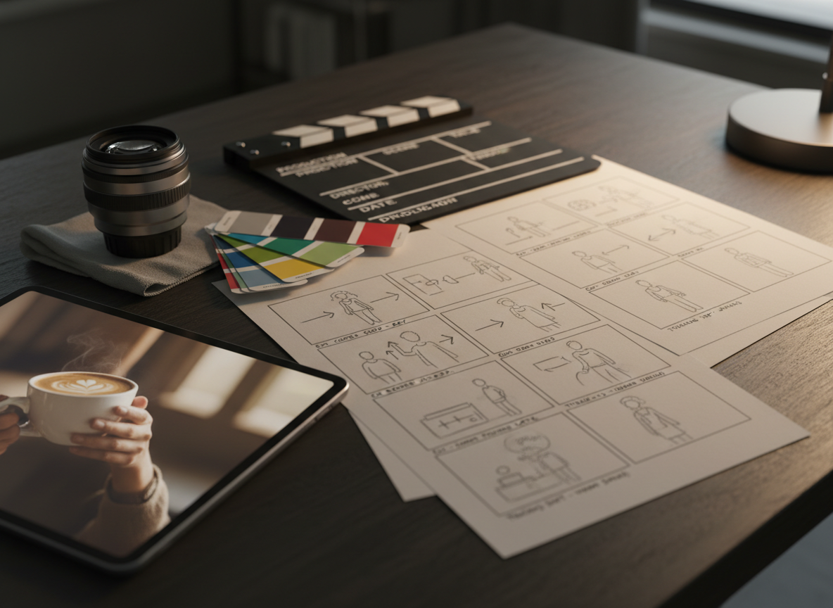A refined set of storyboard sheets and shot lists spread on a dark, matte table, each page featuring neat, hand-drawn frames, arrows, and concise production notes. Beside them, a high-quality lens, a clapperboard with empty fields ready to be written, and color swatch cards suggest careful pre-production planning. A tablet at the edge of the frame displays a vibrant frame from a future commercial spot. Warm, directional desk lighting from the right creates focused pools of light and gentle falloff, enhancing textures in paper and metal. Photographic realism, medium close-up shot with shallow depth of field, conveys strategic thinking and intentional storytelling behind every audiovisual project.